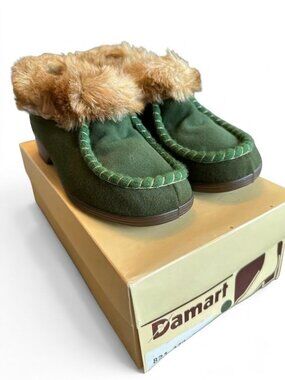 Vintage Damart French Moccasin Slipper Boots Faux Fur Collar Forest Green 7.5 US